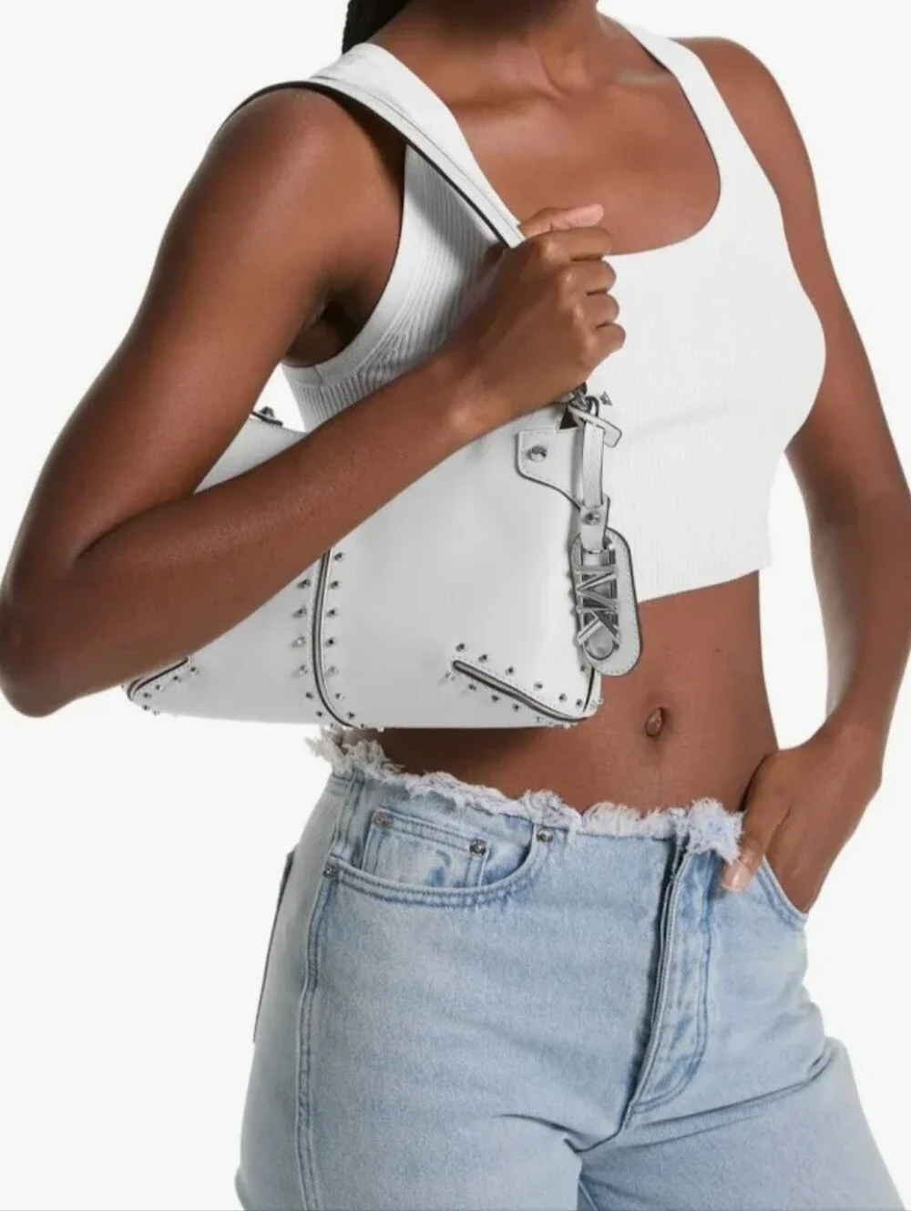 NWOT Michael Kors Astor Studded Leather Shoulder Bag Optic White